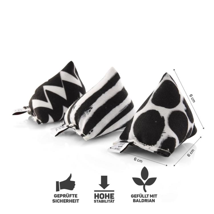 ZESTAW 3 Mini Poduszeczek PIRAMIDEK do Przytulania dla kota | Canadian Cat | CZARNO-BIAŁE | waleriana 15g od ParrotPlanet.pl