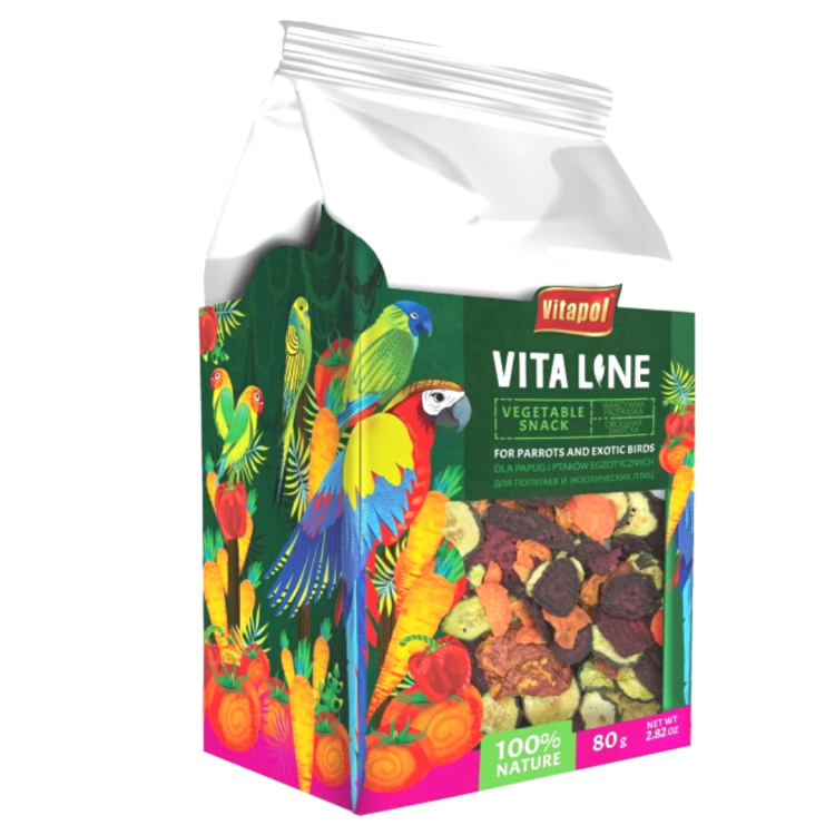Vitapol VITALINE Warzywna Przekąska dla Papug 80 g – Suszona Marchew 25%, Papryka 15%, Pomidor 10% od ParrotPlanet.pl