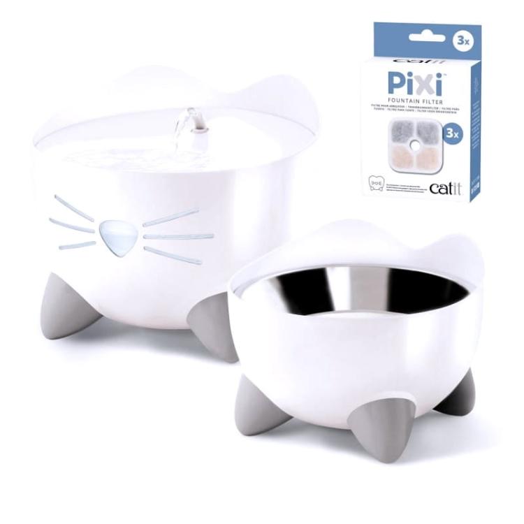 Zestaw Pixi Fountain Combo | Poidło dla kota Pixi 2,5l + miska, biały + GRATIS opakowanie filtrów CH-7216