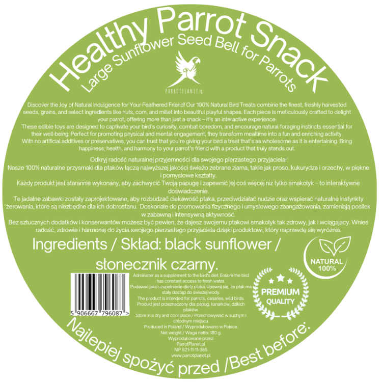 Parrot Planet - Cloches XXL en Graines de Tournesol pour Grandes Perruches 180g de ParrotPlanet.fr
