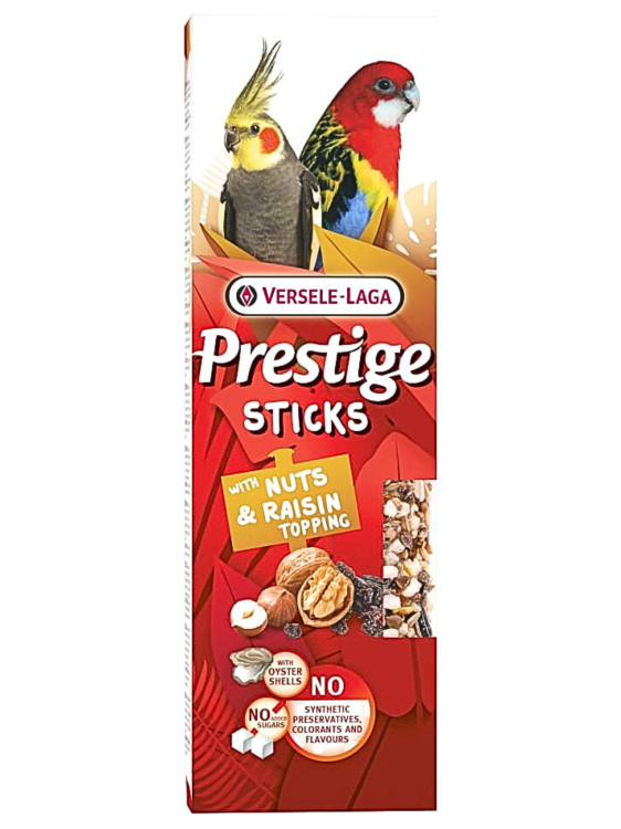 Versele Laga Prestige Sticks Big Parakeets with Nuts &amp; Raisin topping 140g - kolby z posypką z orzechów i rodzynek dla średnich papug od ParrotPlanet.pl