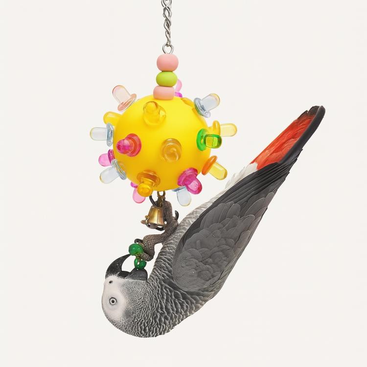 Sucettes suspendues dans une balle L – jouet créatif pour grands et moyens perroquets, jaune | ParrotPlanet.fr