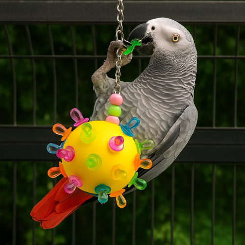 Sucettes suspendues dans une balle L – jouet créatif pour grands et moyens perroquets, jaune | ParrotPlanet.fr