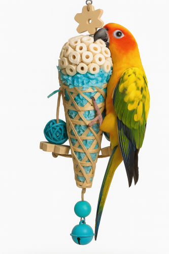 Cône pour perroquets – jouet avec clochette, fleurs et petites balles | Parrot Planet.fr
