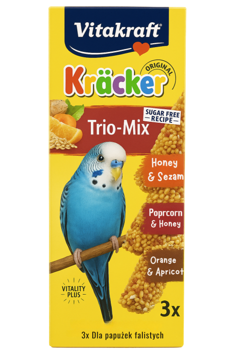 Vitakraft Kräcker Trio-Mix Premium – Popcorn, Miel & Orange (3 pièces) – Bâtonnets variés pour perruches ondulées od ParrotPlanet.fr