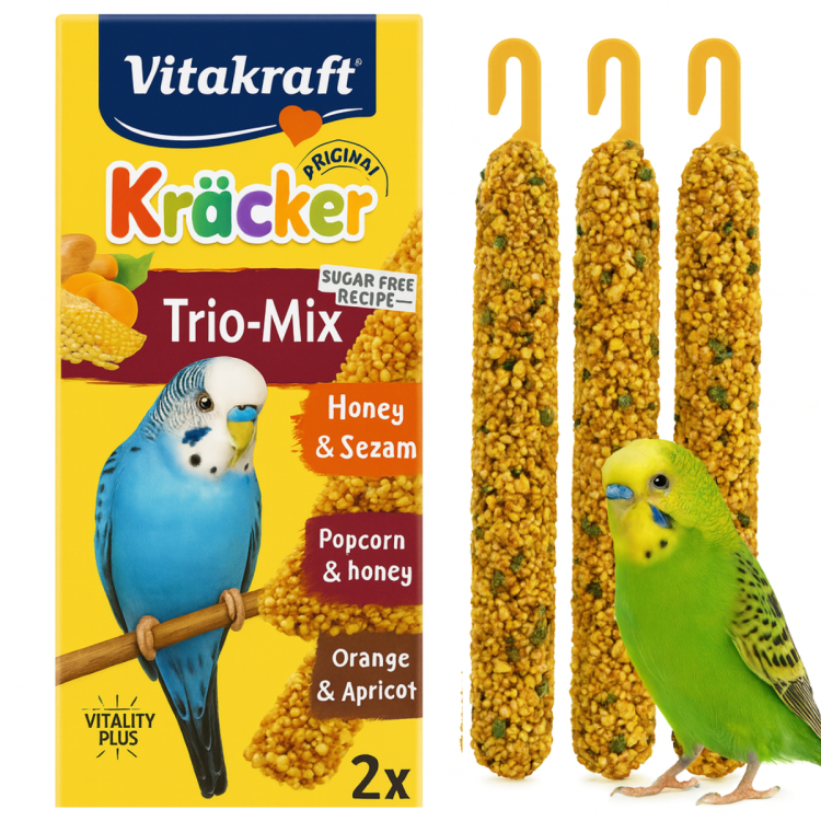 Vitakraft Kräcker Trio-Mix Premium – Popcorn, Miel & Orange (3 pièces) – Bâtonnets variés pour perruches ondulées od ParrotPlanet.fr