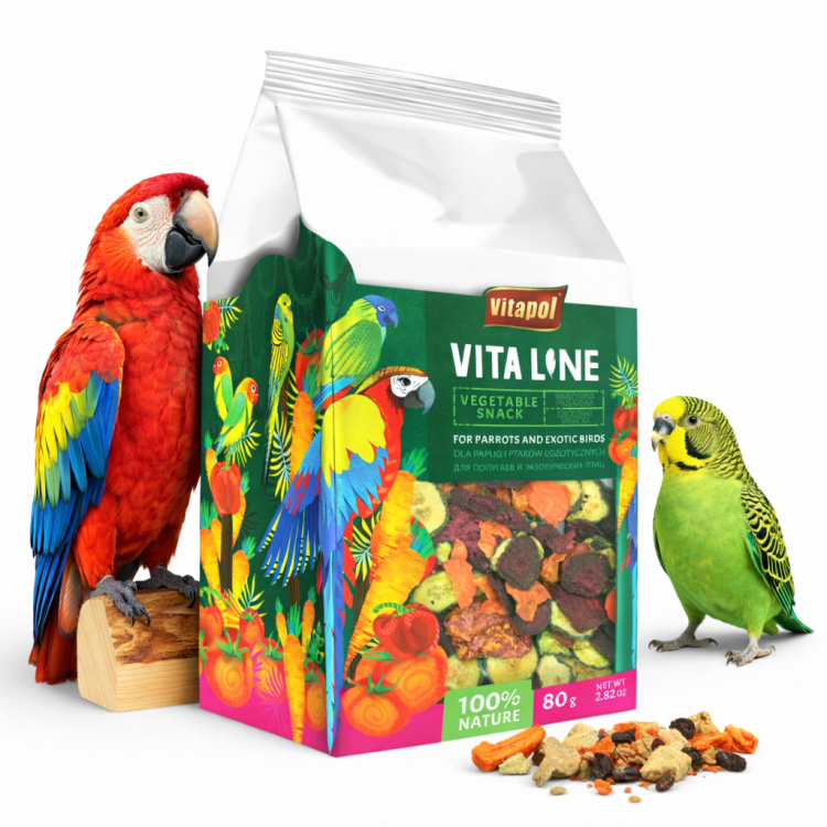 Vitapol VITALINE Warzywna Przekąska dla Papug 80 g – Suszona Marchew 25%, Papryka 15%, Pomidor 10% od ParrotPlanet.pl