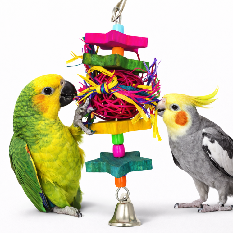Gwiezdny Chrupacz z piłką Java - wisząca drewniana zabawka dla wszystkich papug od ParrotPlanet.pl