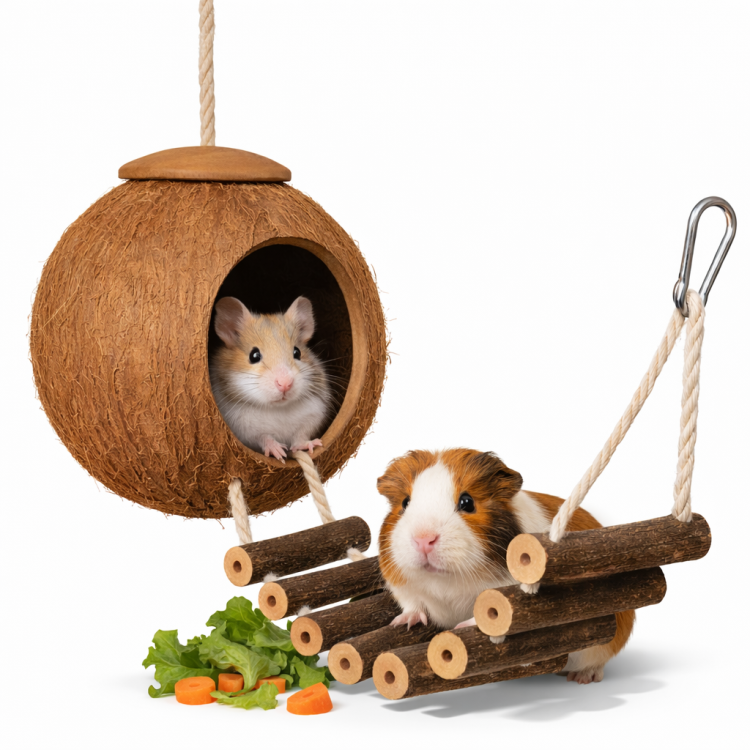 Maison en Noix de Coco avec Échelle – jouet naturel et cachette pour rongeurs 50 × 14 cm de ParrotPlanet.fr