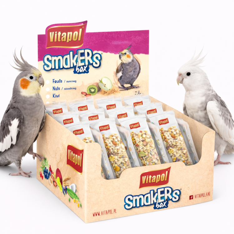 VITAPOL-SMAKERS BOX OWOCOWY DLA NIMFY - MIX 3 SMAKI: ORZECHOWY, OWOCOWY, KIWI - 12 SZTUK od ParrotPlanet.pl