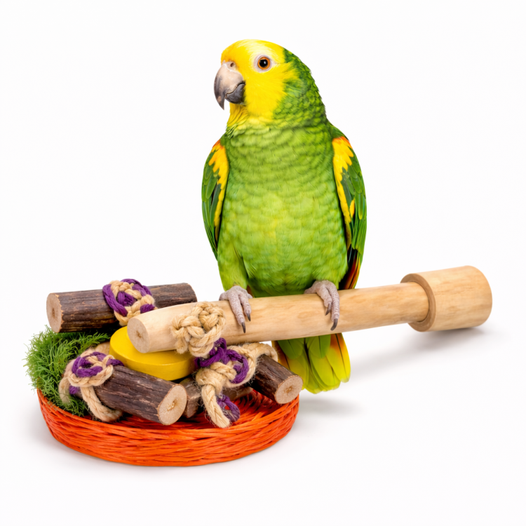 Perchoir en Java avec jouets L - Plaisir naturel pour grandes perruches de ParrotPlanet.fr