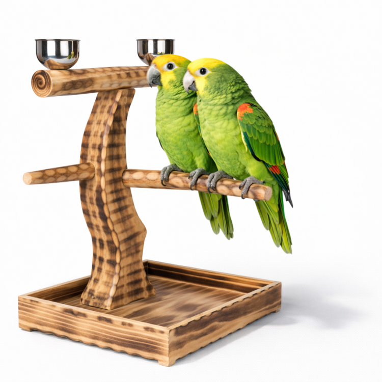 Perchoir sur Pied en Bois Naturel pour Perroquets Moyens et Grands | Avec 2 Gamelles en Acier Inoxydable ParrotPlanet.fr
