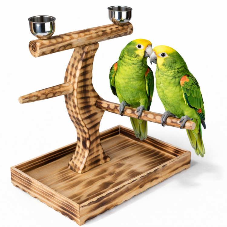 Perchoir sur Pied en Bois Naturel pour Perroquets Moyens et Grands | Avec 2 Gamelles en Acier Inoxydable ParrotPlanet.fr