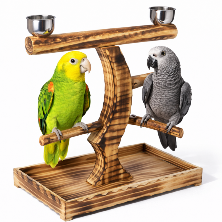 Perchoir sur Pied en Bois Naturel pour Perroquets Moyens et Grands | Avec 2 Gamelles en Acier Inoxydable ParrotPlanet.fr
