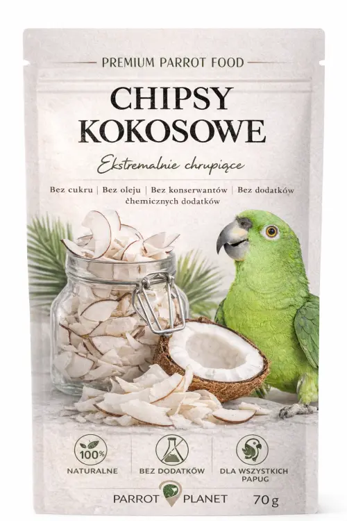 Premium Parrot Food | Naturalnie Suszone Chipsy Kokosowe | Zdrowa przekąska dla wszystkich papug 100g  od ParrotPlanet.pl