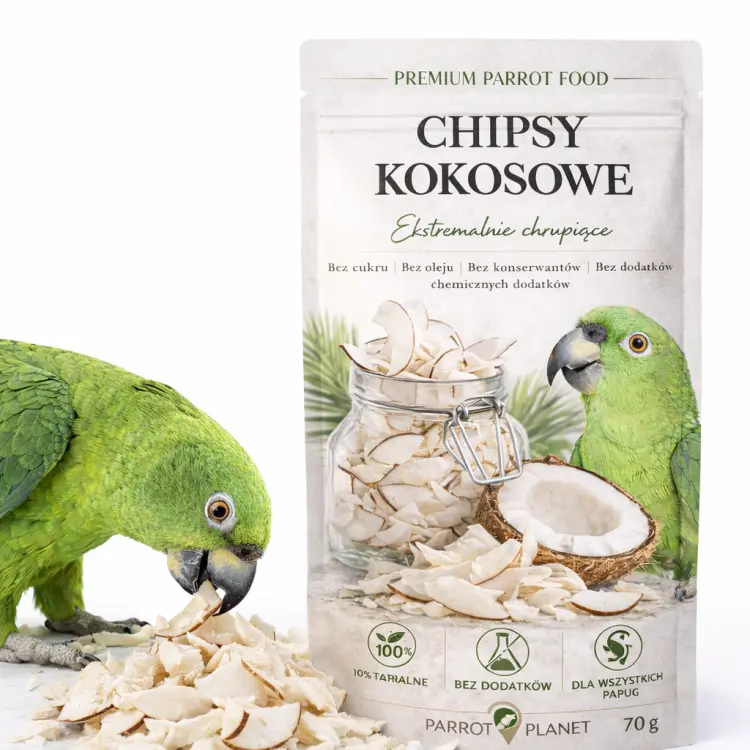 Premium Parrot Food | Naturalnie Suszone Chipsy Kokosowe | Zdrowa przekąska dla wszystkich papug 100g  od ParrotPlanet.pl