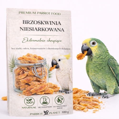 Premium Parrot Food | Naturalnie Suszona Brzoskwinia | Zdrowy Smakołyk dla wszystkich papug 100g  od ParrotPlanet.pl
