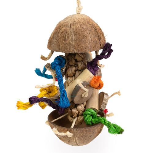 Coco Stack – jouet suspendu en noix de coco et bois pour perroquets 13 × 40 cm  ParrotPlanet