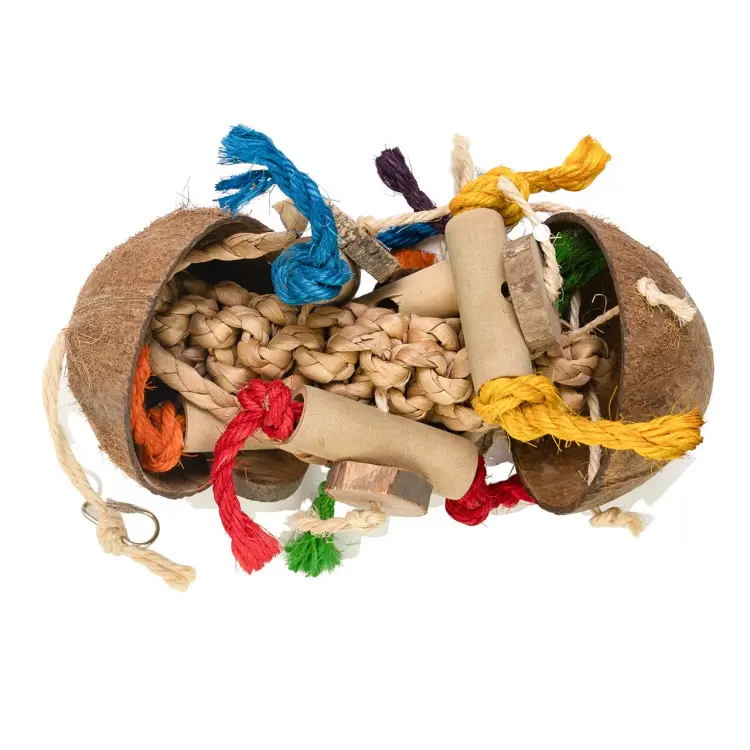 Coco Stack – jouet suspendu en noix de coco et bois pour perroquets 13 × 40 cm  ParrotPlanet