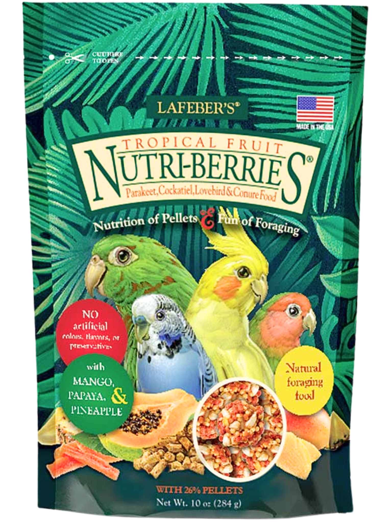 Lafeber Nutri-Berries Tropical Cockatiel – boules nutritives aux graines et fruits tropicaux avec 26 % de granulés pour petits et moyens perroquets, 284 g ParrotPlanet.fr